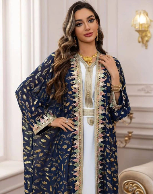 Ensemble Kimono Abaya Bleu et Or