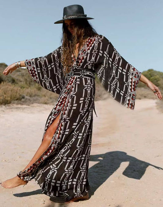 Kimono de Plage Noir Ceinturé