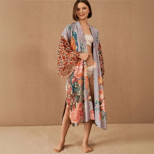 Kimono de Plage Vintage Fleuri Violet