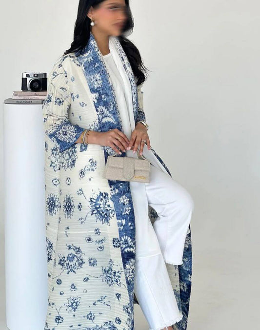 Kimono Abaya Blanc à Motifs Bleus