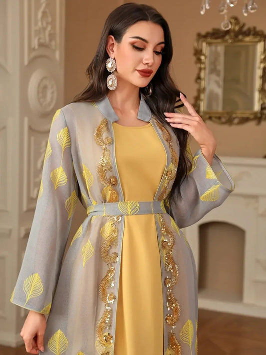 Ensemble Kimono Abaya Jaune Brodé