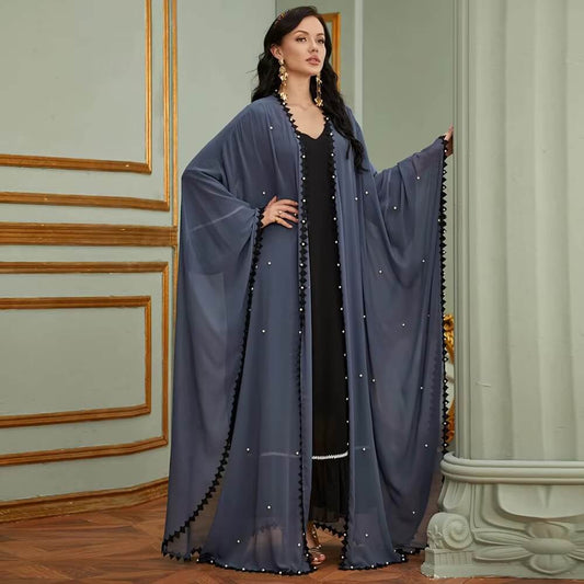 Kimono Abaya en Mousseline Bleu à Perles