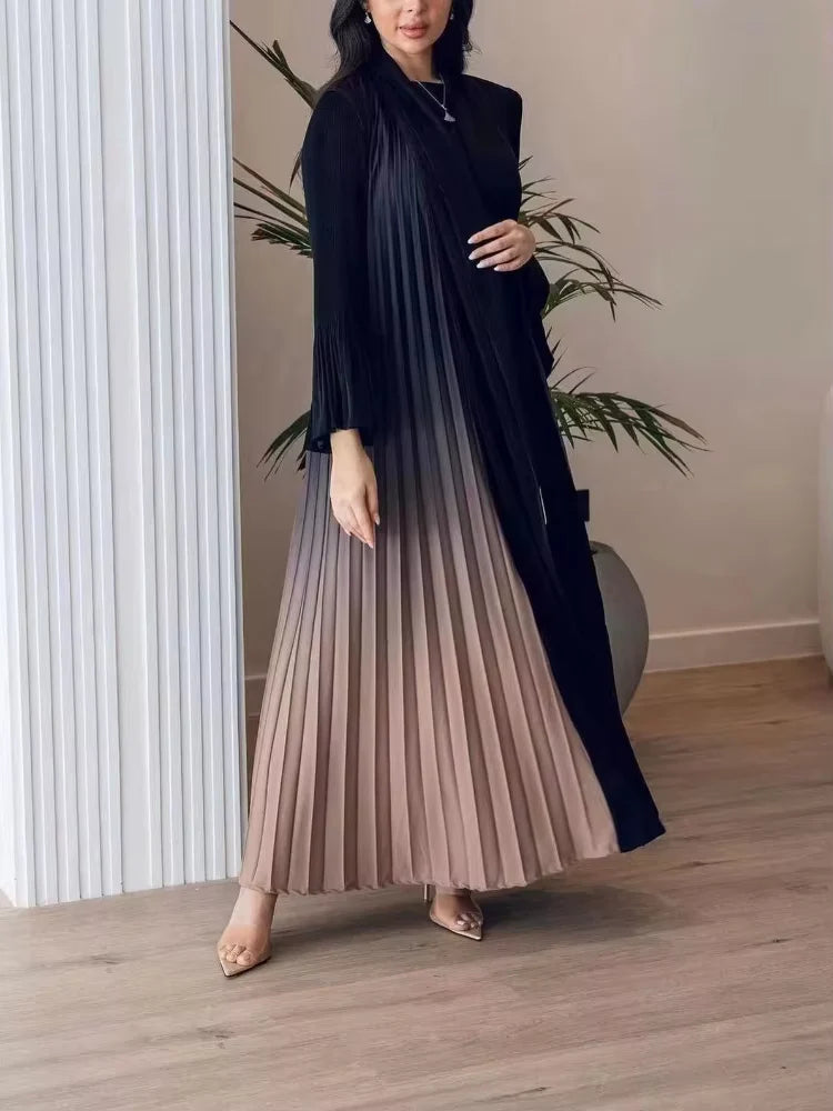Kimono Abaya Plissé Beige et Noir