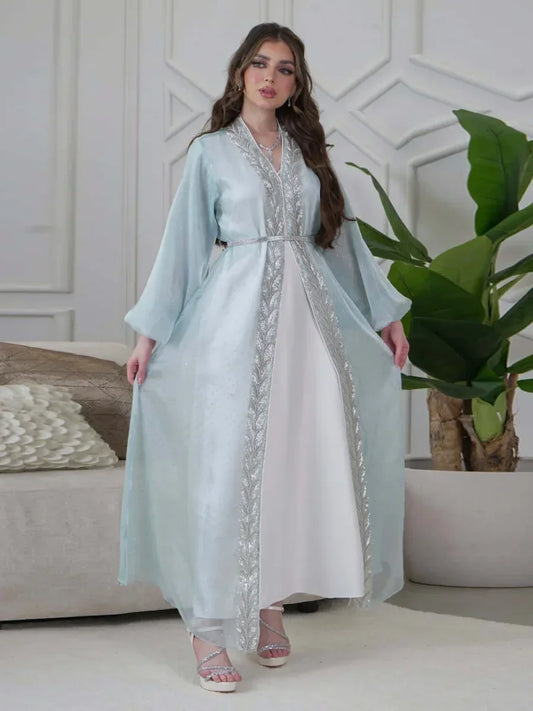 Kimono Abaya Bleu à Manches Bouffantes