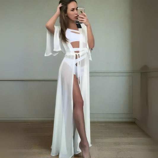 Kimono de Plage Estival Blanc à Manches Courtes