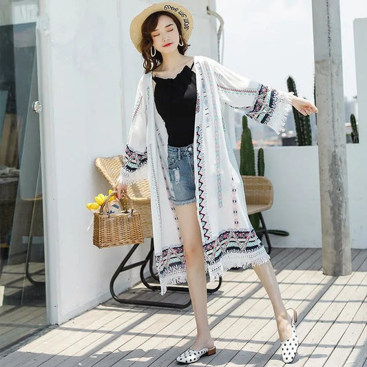 Veste Kimono Femme Blanche à Franges