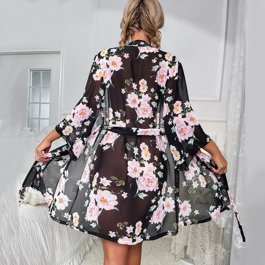 Peignoir Kimono Noir à Fleurs Sexy
