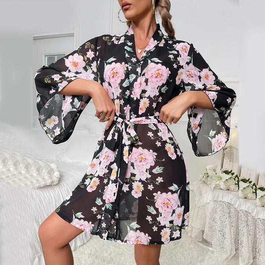 Peignoir Kimono Noir à Fleurs Sexy