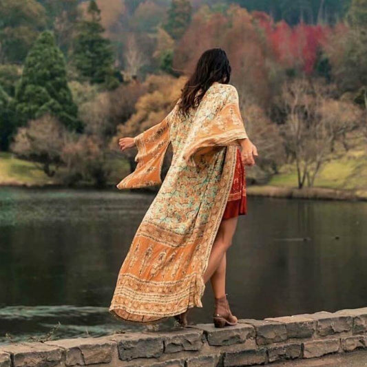 Robe Kimono Orange à Manches Chauve-souris