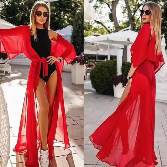 Kimono de Plage Estival Rouge Transparent
