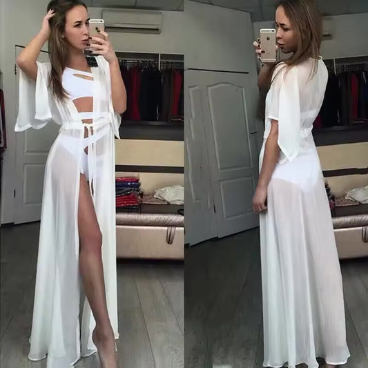 Kimono de Plage Estival Blanc à Manches Courtes