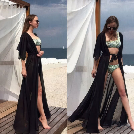 Kimono de Plage Long en Mousseline de Soie Noir