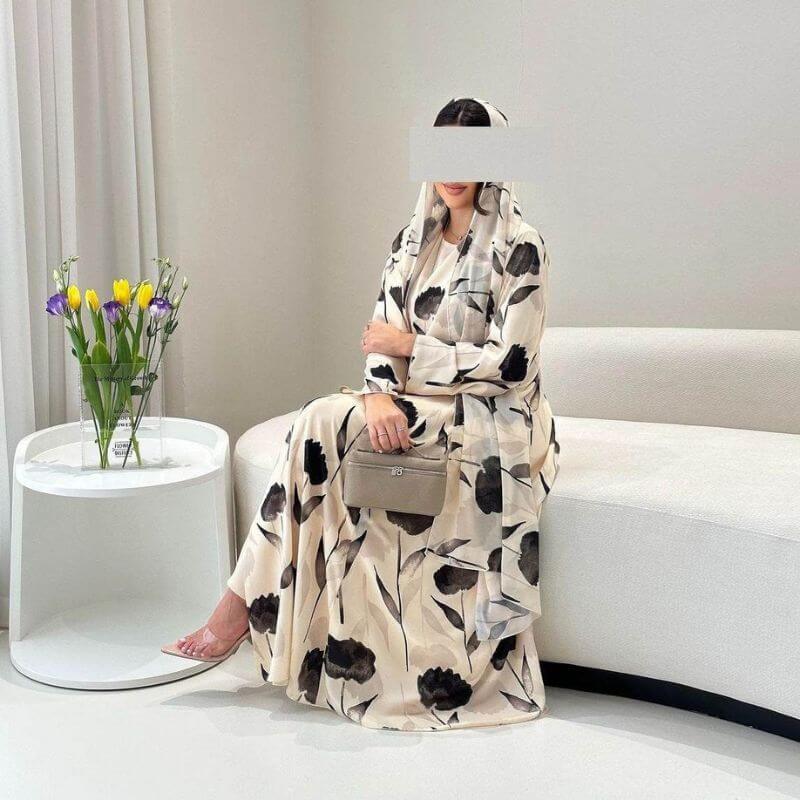 Kimono Abaya à Fleurs Noires