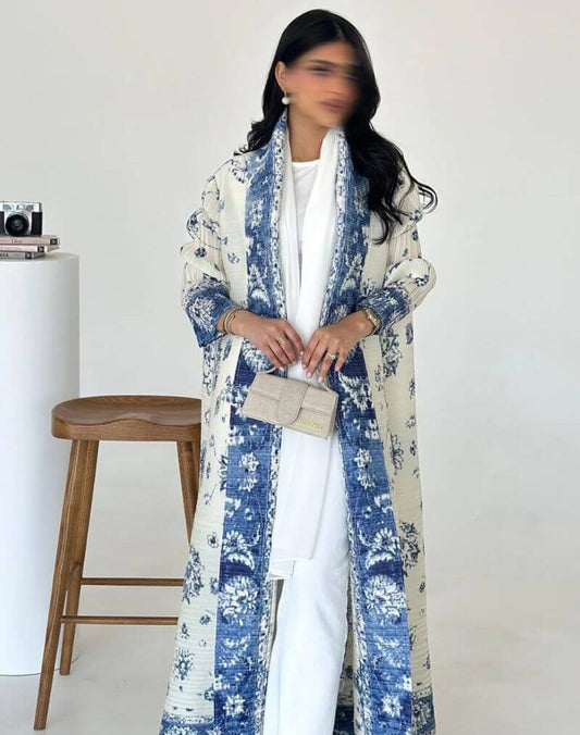 Kimono Abaya Blanc à Motifs Bleus