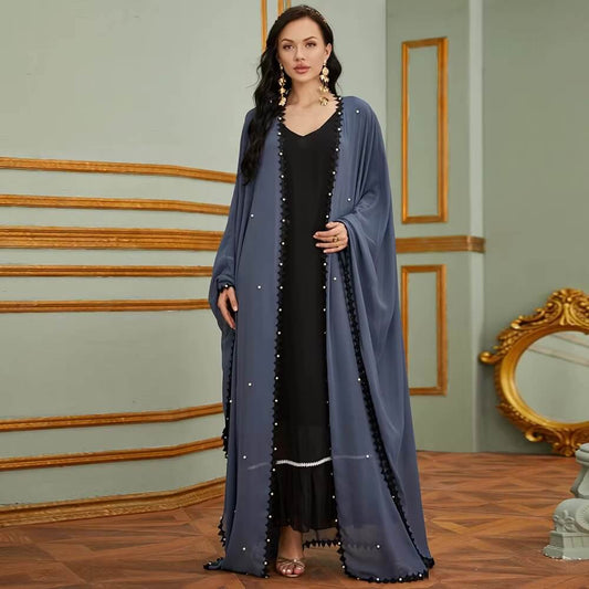 Kimono Abaya en Mousseline Bleu à Perles