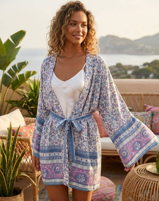 Kimono Boho Bleu Fleuri
