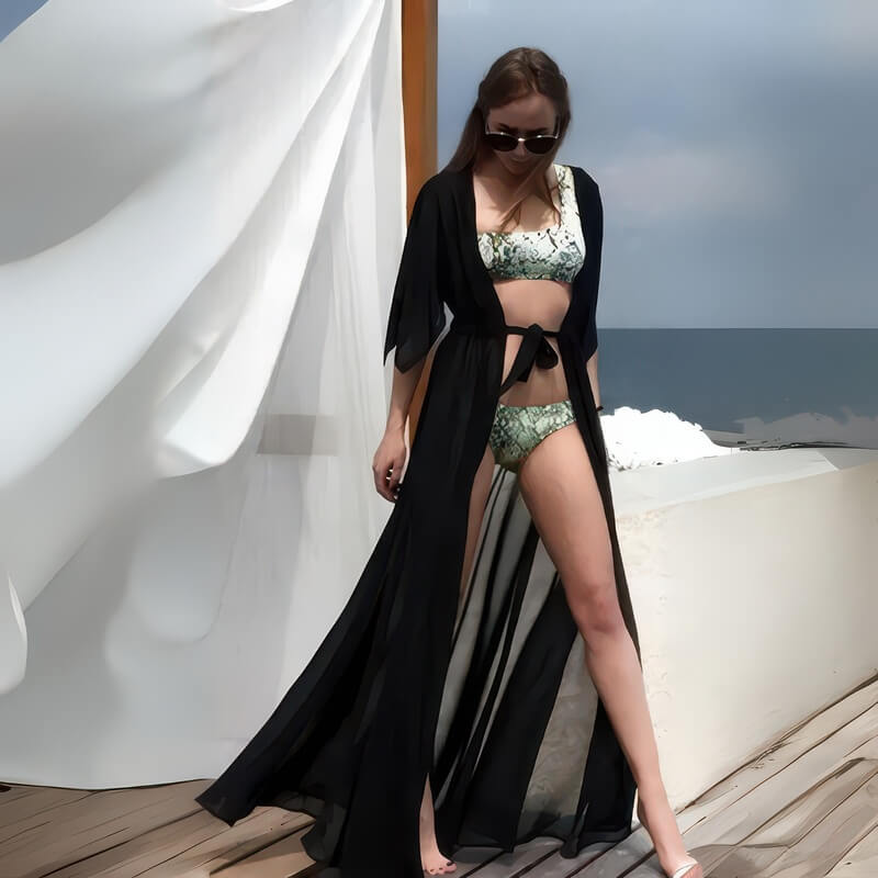 Kimono de Plage Long en Mousseline de Soie Noir