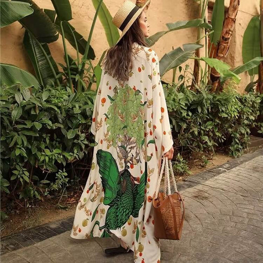 Kimono de Plage Oiseaux Vert