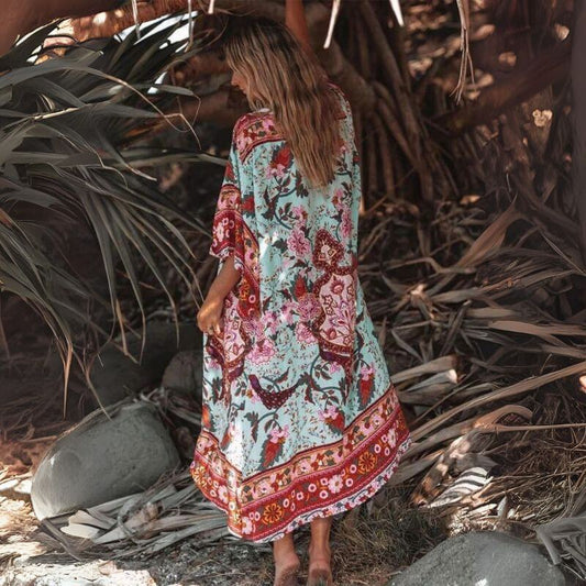 Kimono de Plage Vert Floral