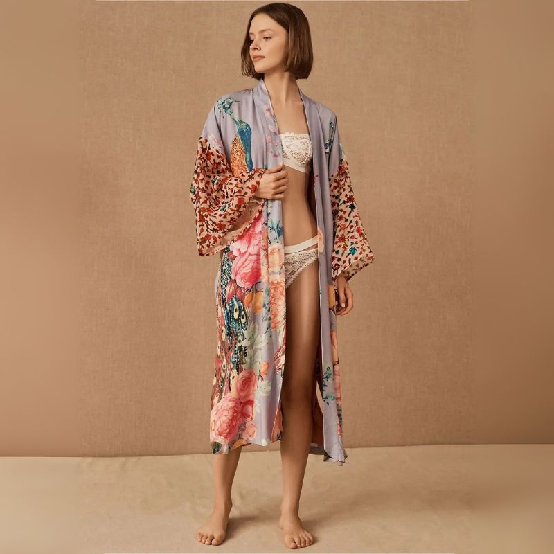 Kimono de Plage Vintage Fleuri Violet