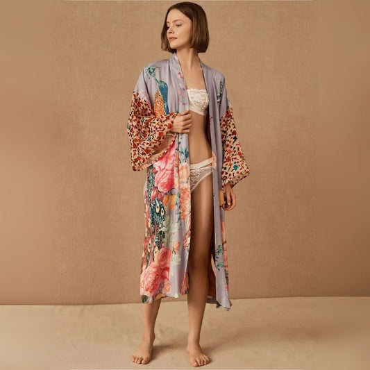 Kimono de Plage Vintage Fleuri Violet