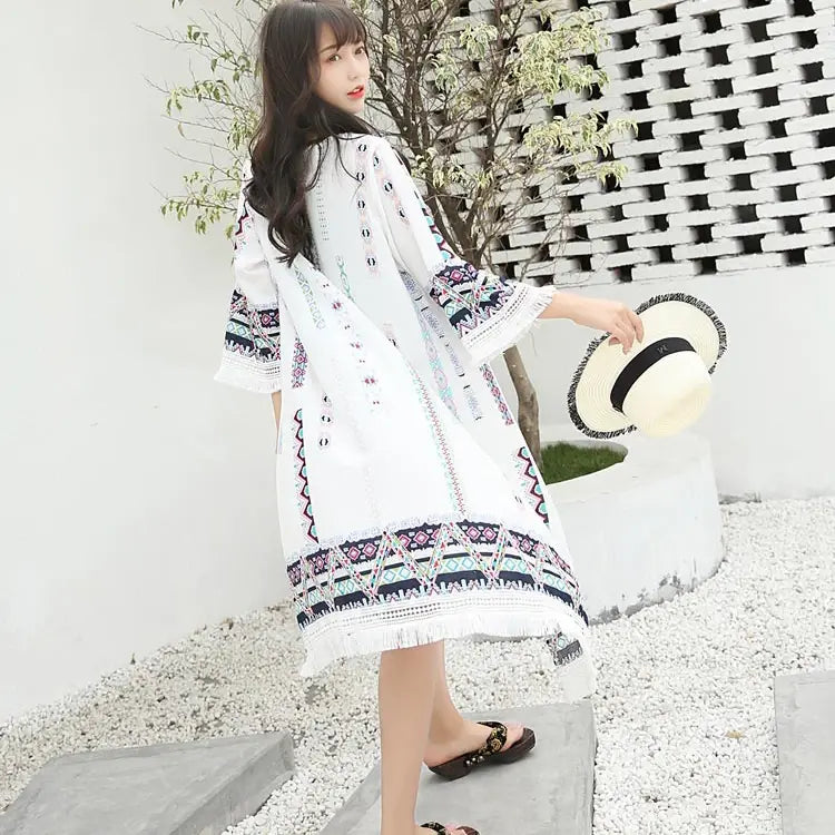 Veste Kimono Femme Blanche à Franges
